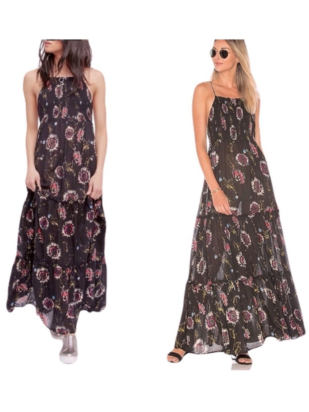 Intimately Free People Black Floral ‘Garden Party’ Smocked Maxi Dress, Size M